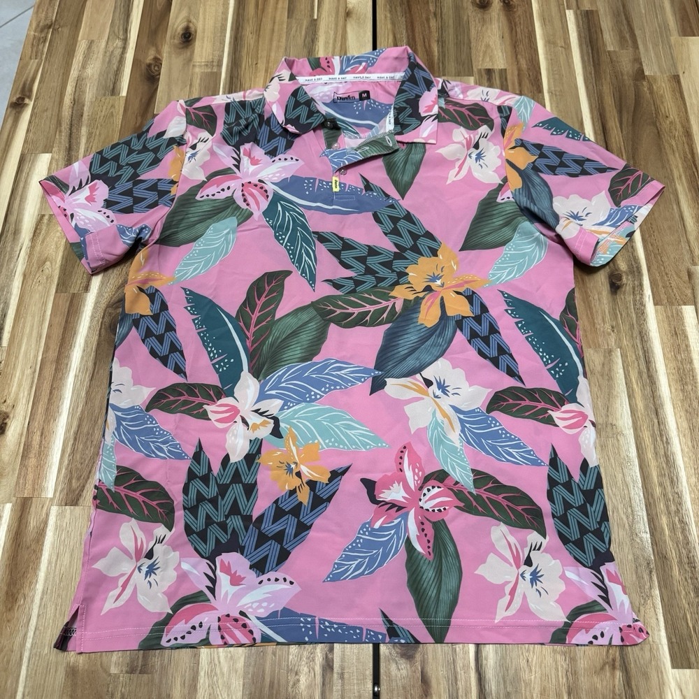 Duvin Polo Shirt Mens M Pink Floral Tropical Performance Stretch Golf Vacation